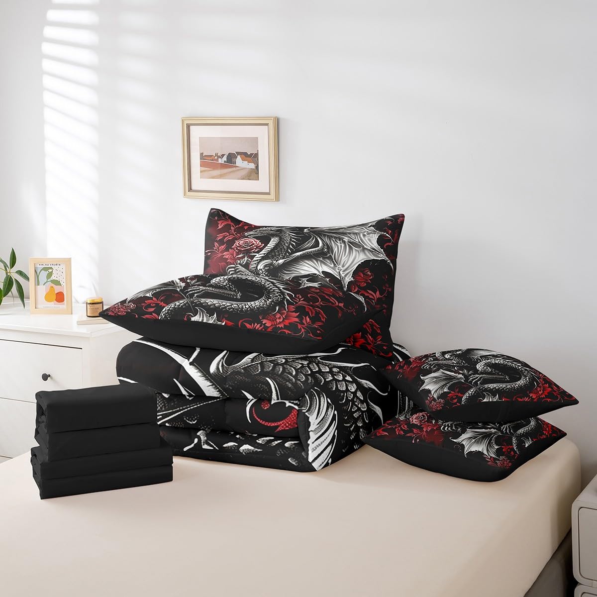 jejeloiu Kids Medieval Fantasy Dragon Comforter Set 7 Pieces Full Size Red Rose Bedding Set for Boys Girls Damask Print Bed Set Bed in a Bag with Comforter, Sheets, Pillowcases & Cushion Covers