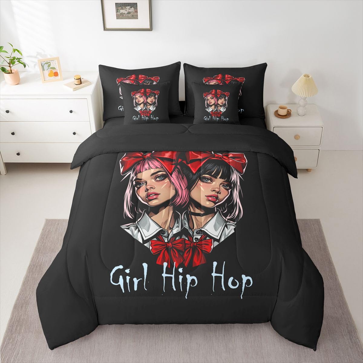 Erosebridal Cute Hip Hop Girl Twin Size Bedding Set Teens Women Red Bowtie 7 Pieces Comforter Set with Sheets Sweet Pink & Black Hair Anime Girls Bed in a Bag Funky Art Bed Sets