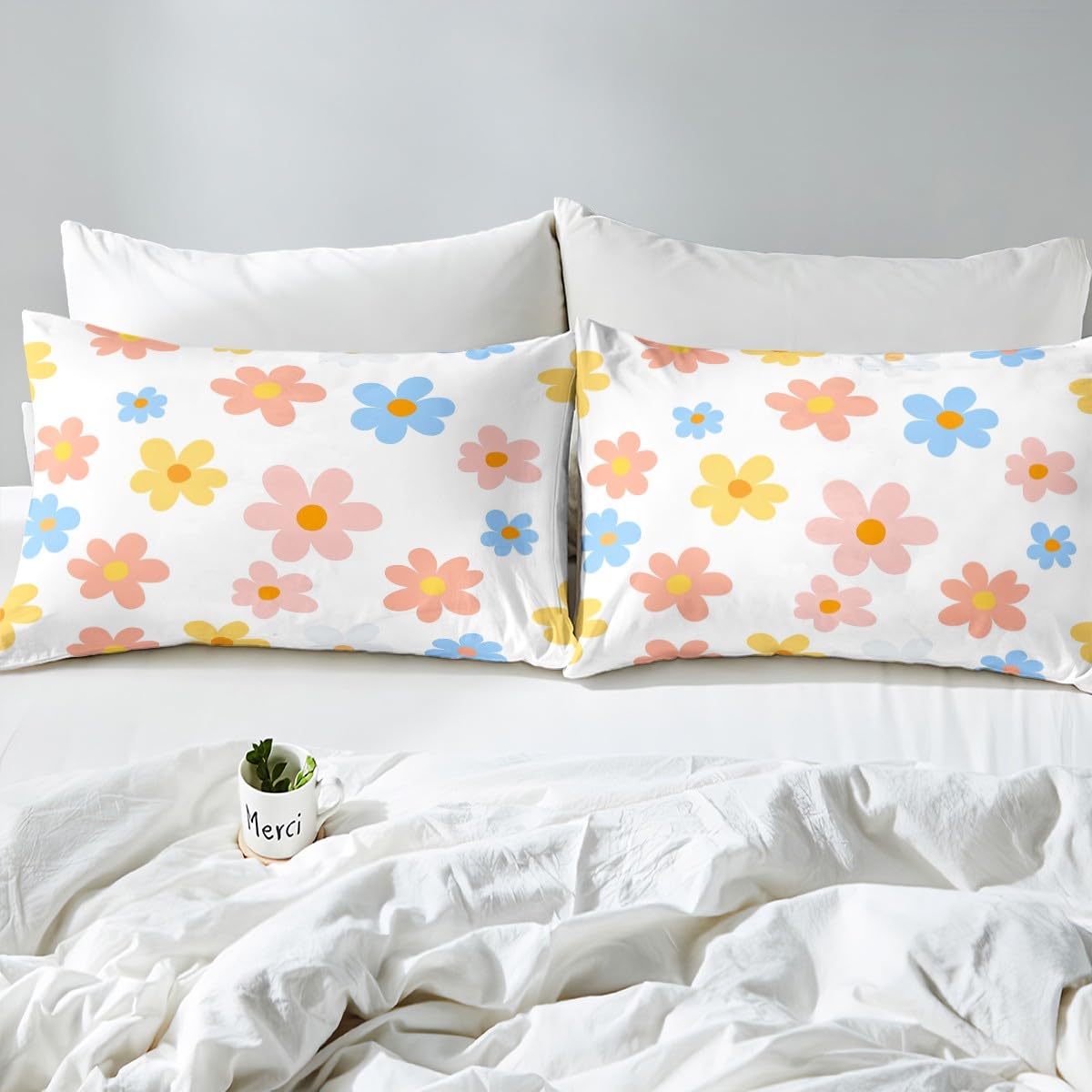 Feelyou Kids Cute Flower Sheet Set Twin Size, Cartoon Floral Printed Bedding Set Wildflower Pink Bed Sheets Set Boys Girls Kawaii Teens Bedroom Decor Microfiber Soft Bed Set