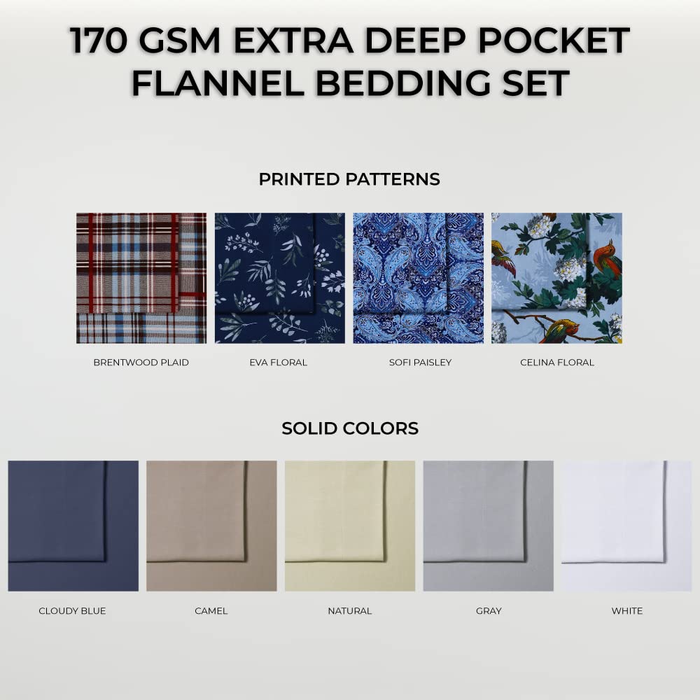 Tribeca Living Ultra Soft Turkish Cotton Flannel Queen Sheet Set with Extra Deep Pocket, 100% Cotton Flannel Sheets 4 Piece Set, Brentwood Plaid 170-GSM
