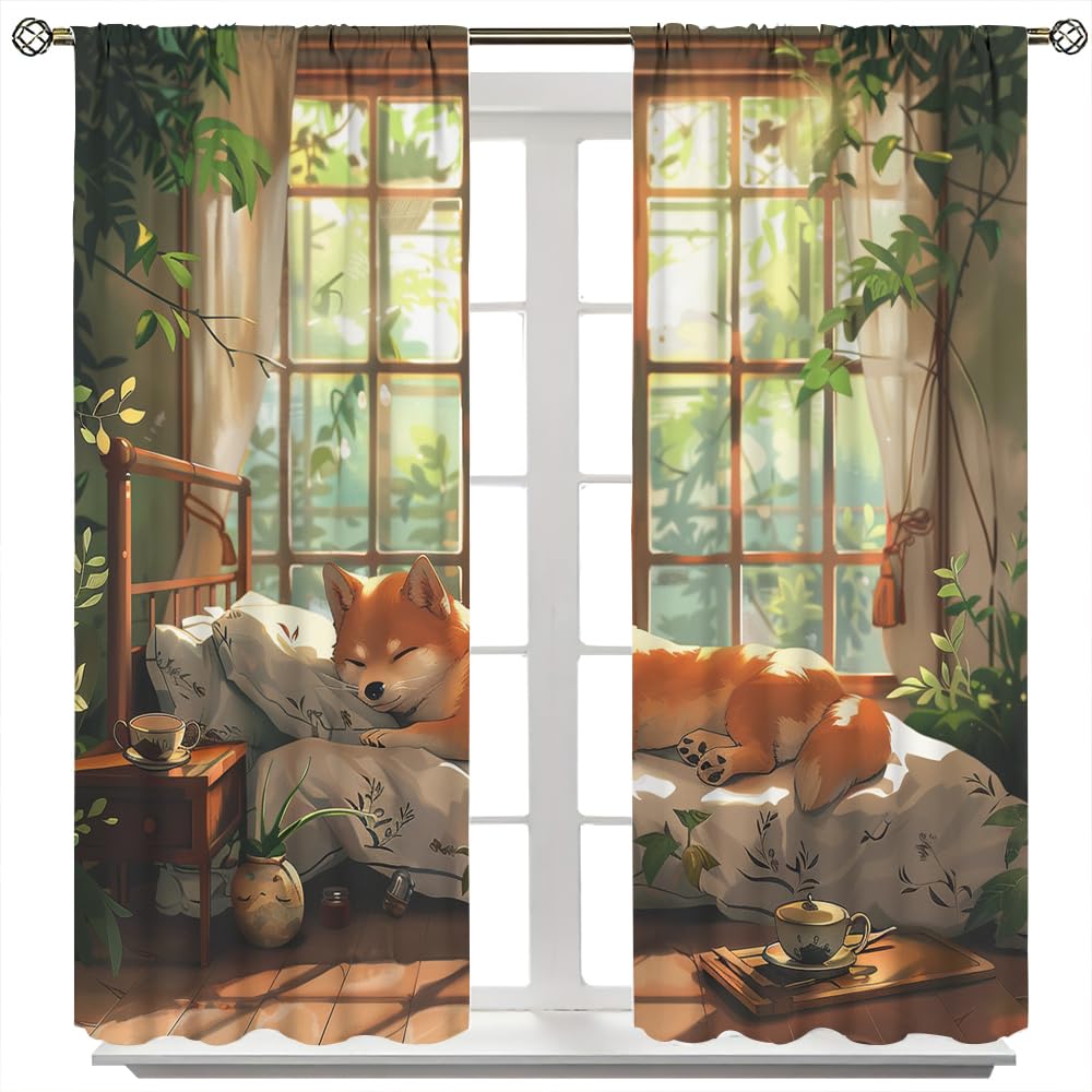 SOPIYRIO Cartoon Cute Dog Blackout Window Curtains Farmhouse Sleeping Animal Leaf Rod Pocket Curtains for Bedroom Thermal Insulating Drapes for Living Room 2 Panels 21 W x 45 L inch