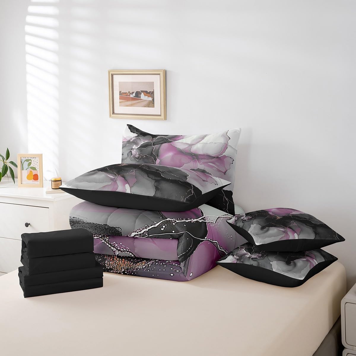 7 Pieces Girls Black and Pink Bedding Comforter Sets Modern Marble Bed in a Bag, Gold Metallic Full Bedding Sets Chic Foil Print Comforter Set, Abstract Mountain Fluid Bedding Sets & Collections
