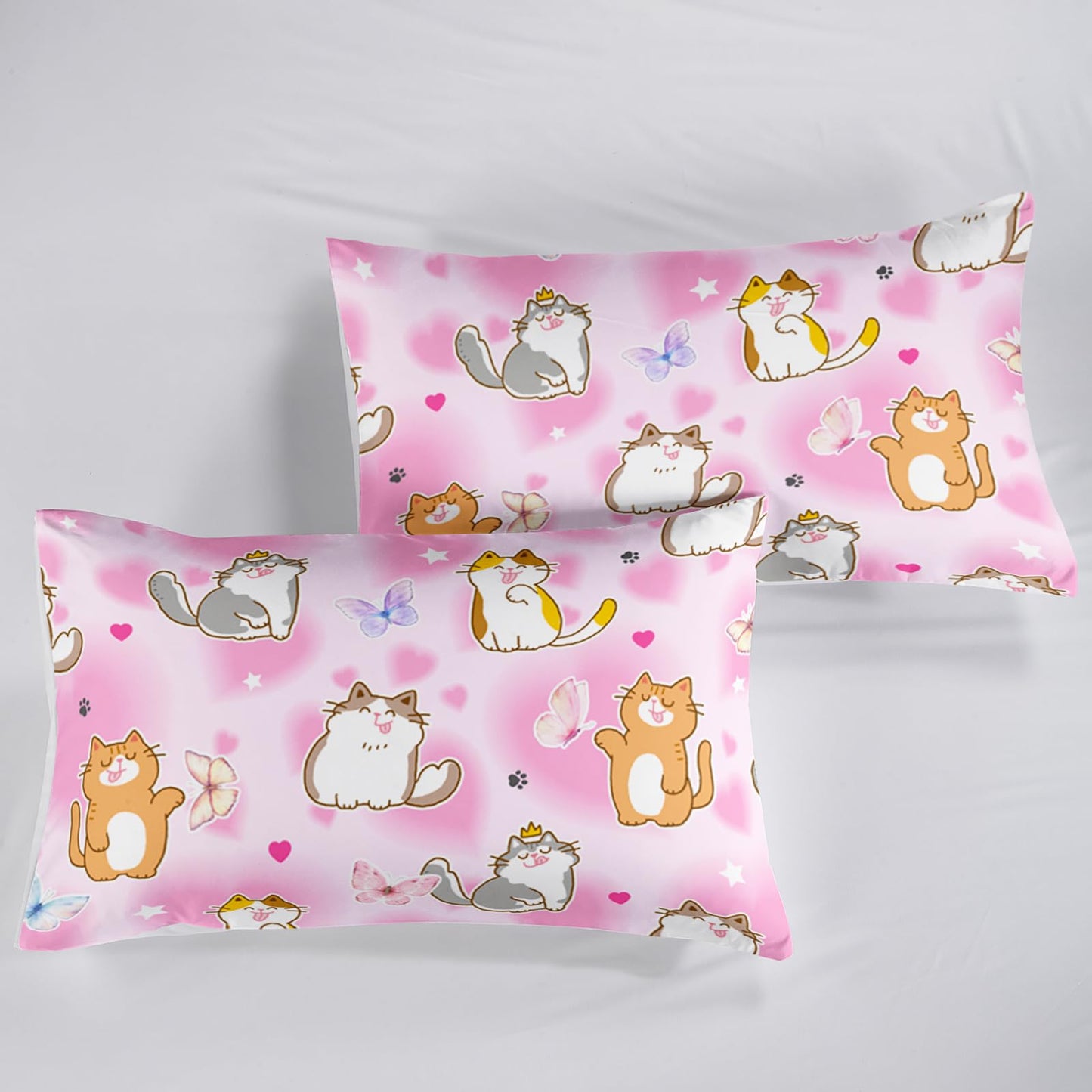 QOOMO Kawaii Cat Kids Bed Sheets Twin Size,Cute Kitten Print Bedding Sheet Set,4Pcs Cartoon Animal Deep Pocket Bed Sets with 1 Fitted Sheet 1 Flat Sheet 2 Pillowcases for Boys Girls Teens