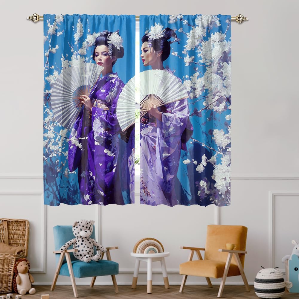 XSUPFLYM Elegant Retro Japanese Geisha Blackout Curtain Beautiful Modern Spring Plant Cherry Blossom Tree Asian Girl Pattern Thermal Insulated Curtain for Bedroom 2 Panels Each 21" W x 45" L