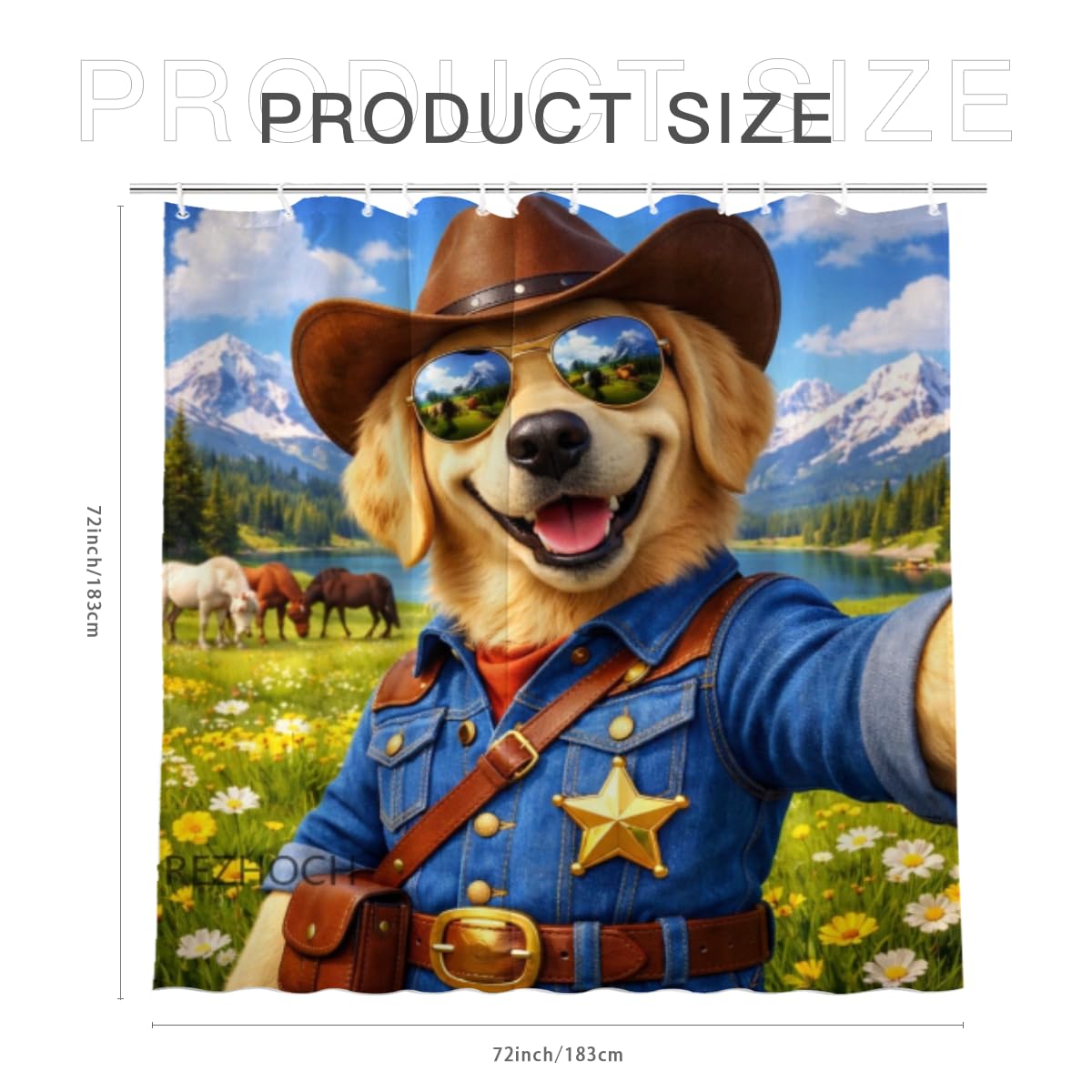REZHOCH Western Dog Shower Curtain 72x72Inch,Funny Cowboy Golden Retriever Sunglasses Rustic Mountain Lake,Farm Country Animals Meadow,Waterproof Fabric Home Farmhouse Bathroom Decor