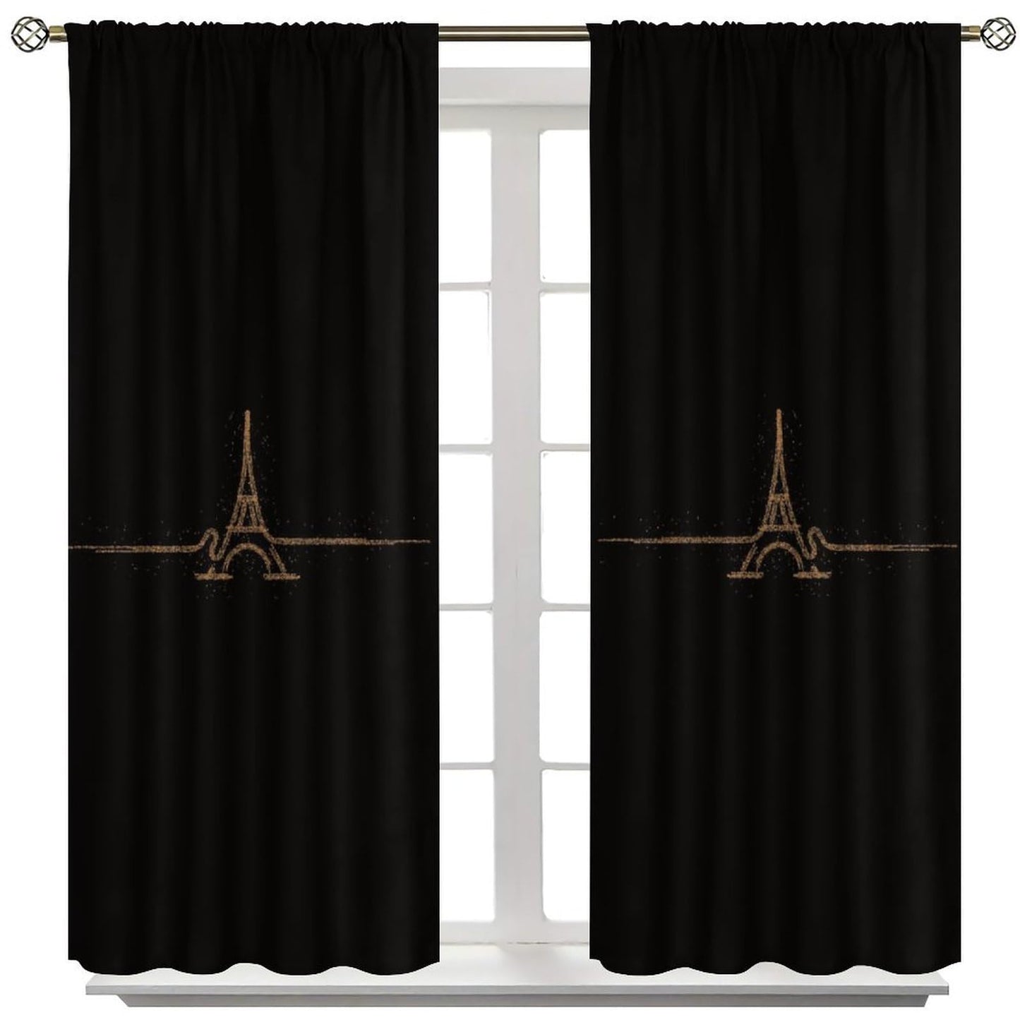 Fblifil Simple Luxury Eiffel Tower Curtain Black Background, Gold Eiffel Tower, Exquisite Home French Romantic Printed Rod Pocket Window Treatments for Bedroom Living Room Decor 42" W X 45" L