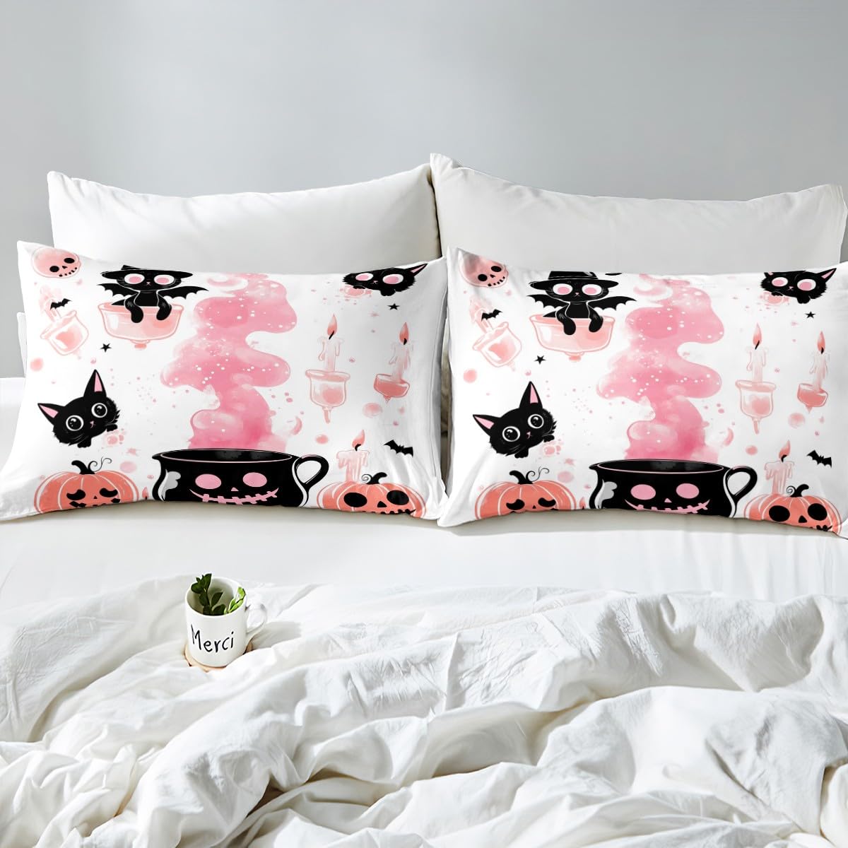 Feelyou Kids Halloween Bed Sheets Set Full Size, Pumpkin Sheet Set Boys Girls Cute Ghost Bedding Set Black Cat Teens Bedroom Decor with 2 Pillow Case