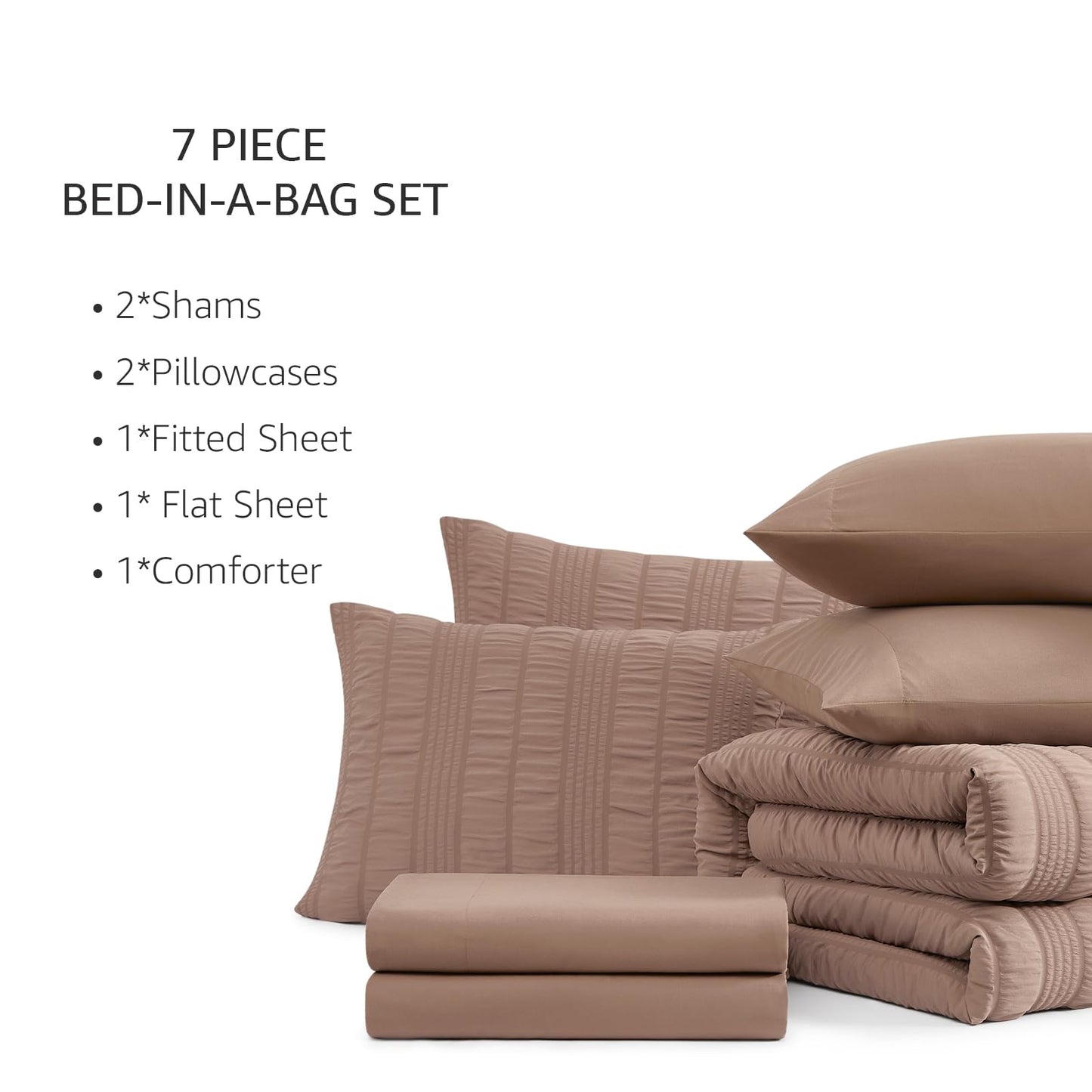 CASAAGUSTO Queen Comforter Set, 7 Pieces Brown Seersucker Bed in a Bag Queen Size Soft All Seasons, Bedding Sets with Comforter, Flat Sheet, Fitted Sheet, 2 Pillow Shams, 2 Pillowcases