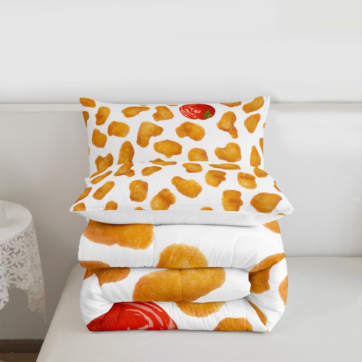 Erosebridal Chicken Nuggets Fried Comforter Set for Kids Boys Girls Teens Adult Food Bedding Set Queen Size Funny Food Down Comforter Men Women Duvet Set Bedroom Decor, Yellow