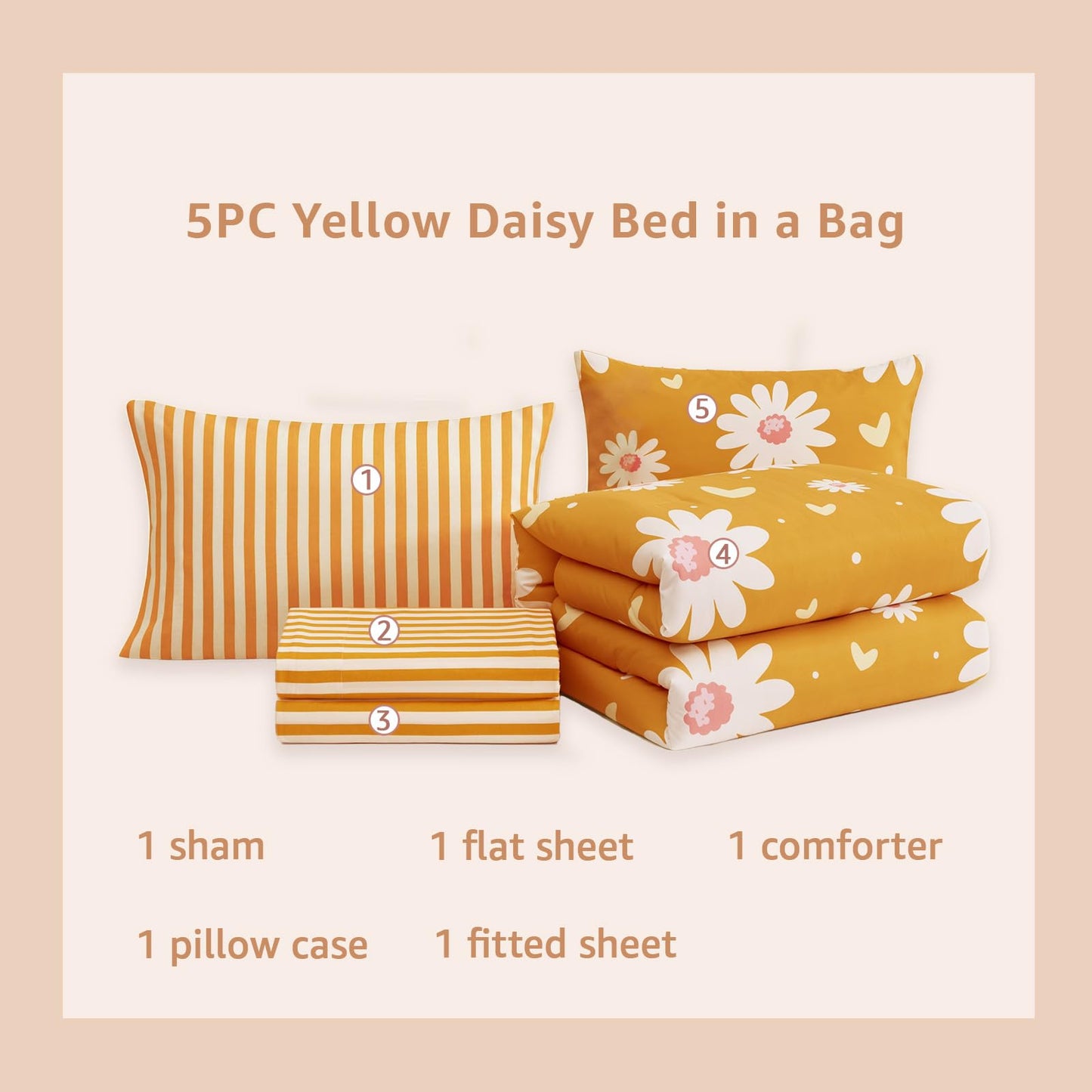 AMBERSPACE Twin XL Comforter Set for Girls, Mustard Yellow Daisy Bedding Set with Cute Heart, All Season Kids Bed in a Bag Dorm 5 Pieces with Sheets, Pillowcase & Sham