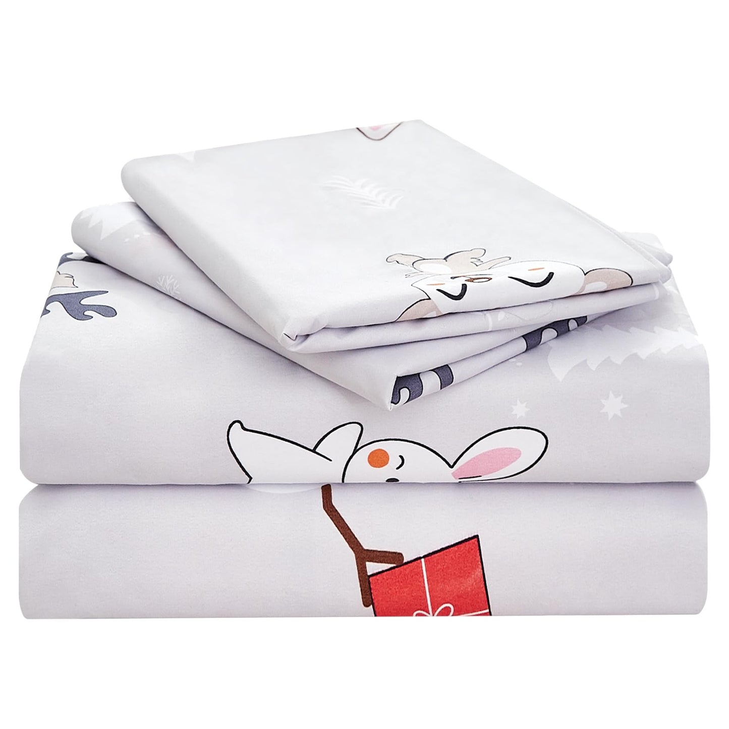 Yibeizi Kids Bear Snowmen Reindeer Bunny Printed Sheet Set Twin Size for Boys Girls, Cute Christmas Winter Microfiber Bedsheets Deep Pocket Bed Sheet & Pillowcase Sets 3 Pieces
