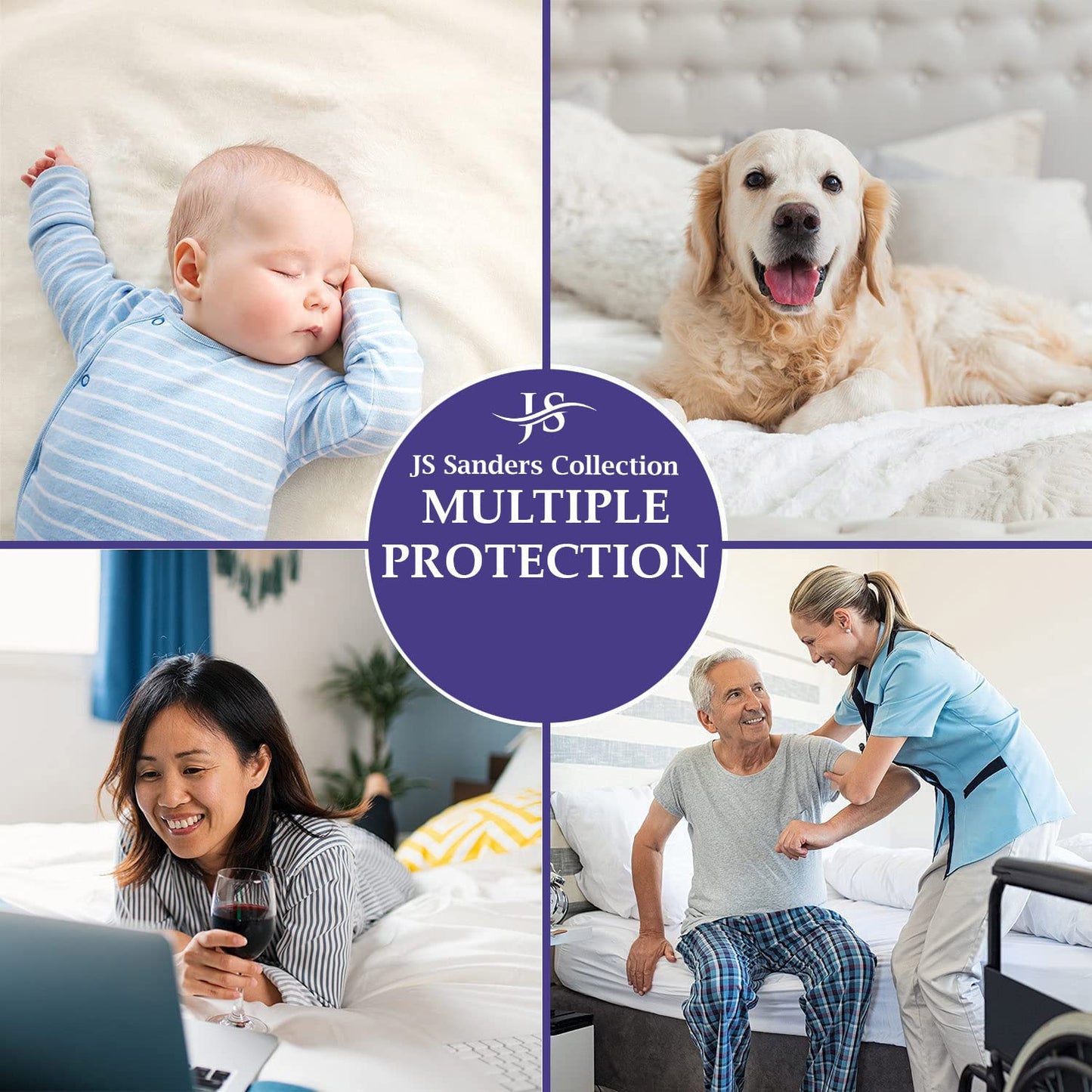 JS Sanders Collection Family King 120x80 Size Mattress Topper - 100% Waterproof Cover Protector with 15" Deep Pocket Fitted Style Super Soft Cotton Terry Fabric Mattress Cover