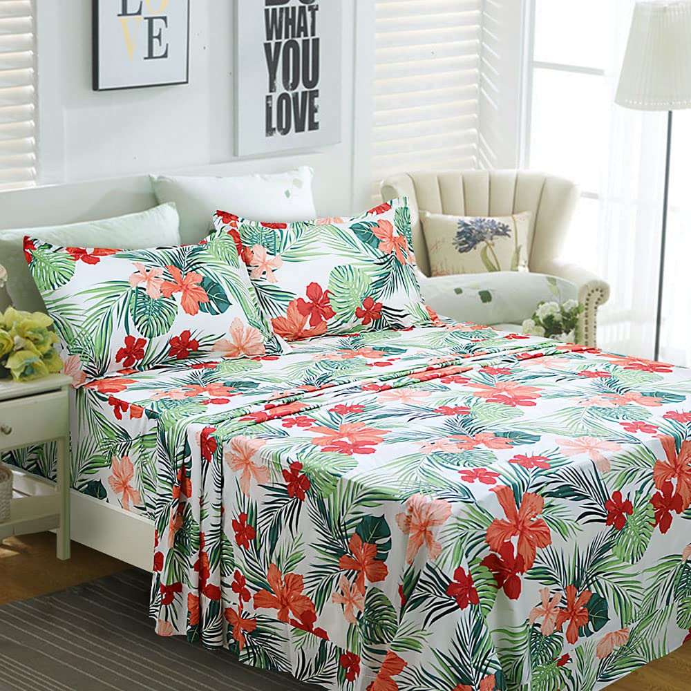 FADFAY Green Floral Sheets Queen Size 100% Cotton Floral Bed Sheet Ultra Soft Tropical Bedding Banana Palm Leaves Top Sheet Hawaiian Deep Pocket Fitted Sheet 4-Pieces