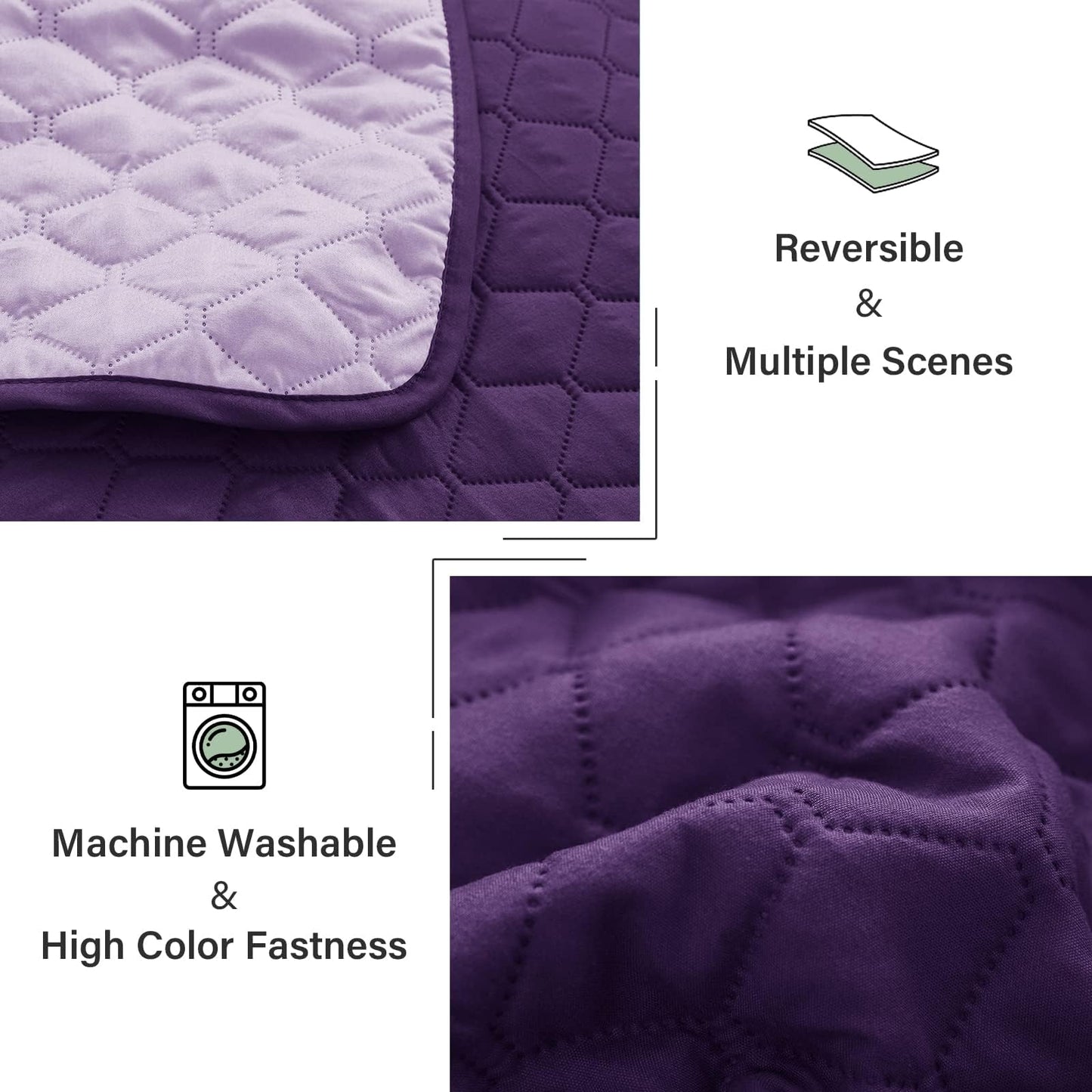 Exclusivo Mezcla Reversible King Size Quilt Bedding Set with Pillow Shams, Lightweight Quilts King Size, Soft Bedspreads Bed Coverlets for All Seasons - (Deep Purple, 104"x96")