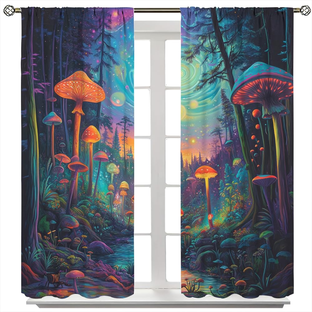 SOPIYRIO Abstract Forest Mushroom Blackout Curtains Rustic River Fantasy Landscape Rod Pocket Window Drapes Room Darkening Curtains for Bedroom 2 Panels 21 W x 45 L inch