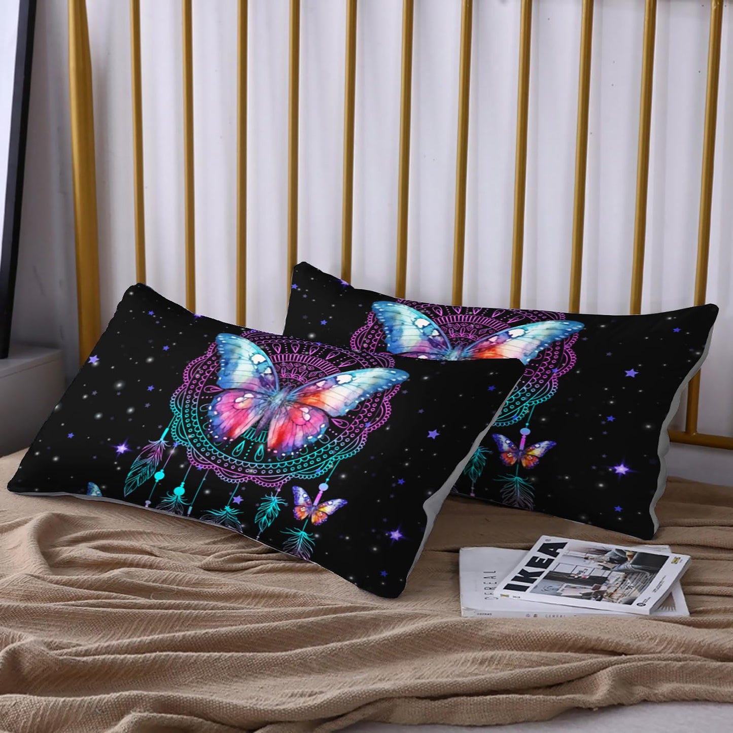 HOSIMA Butterfly Fitted Sheet Twin Size for Girls,Dream Catcher Bedding Set for Women Girls Room Decor Aesthetic,Black Galaxy Starry Print Boho Bedding Set with 2 Pillowcases.
