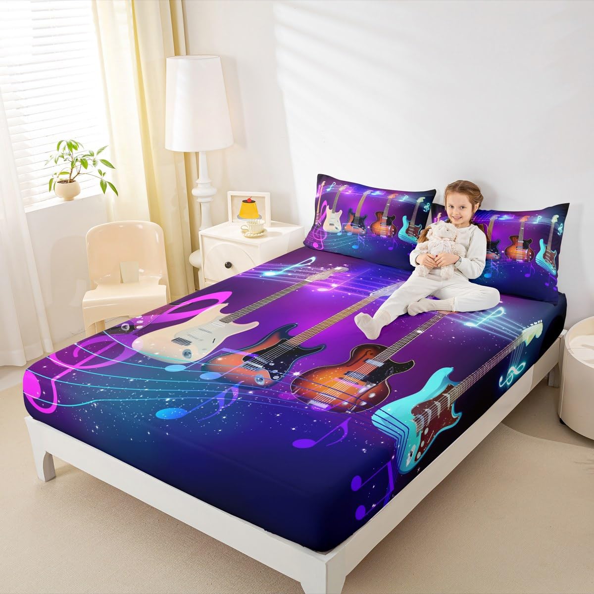 Erosebridal Guitar Bed Sheet Set King Size Colorful Mucical Notes Sheet Set with Deep Pocket for Kids Boys Girls Teens Rock Roll Music Bedding Set Glitter Hiphop Hippie Fitted Sheet Set 3 Pcs