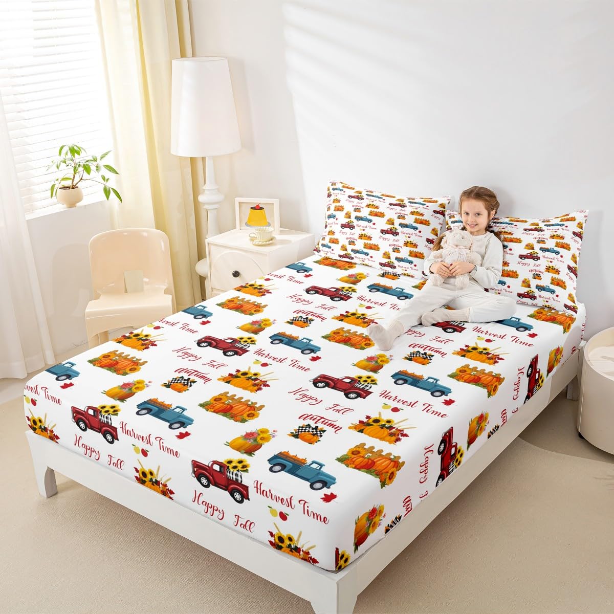 Happy Fall Bedding Set For Kids Queen Plaid Pumpkin Truck Bed Sheets Thanksgiving Harvest Season Sheet Set Autumn Sunflower Harvest Time Fitted Sheet Red Blue Orange Flat Sheet + 2 Pillow Cases