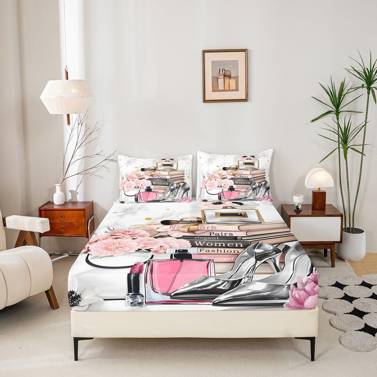 Erosebridal Fashion Pink Sheet Set King Size Flower Perfume Girly Bed Sheets for Girls Women White Gray Gold Marble Sheets High Heels Magazine Books Bedding Set