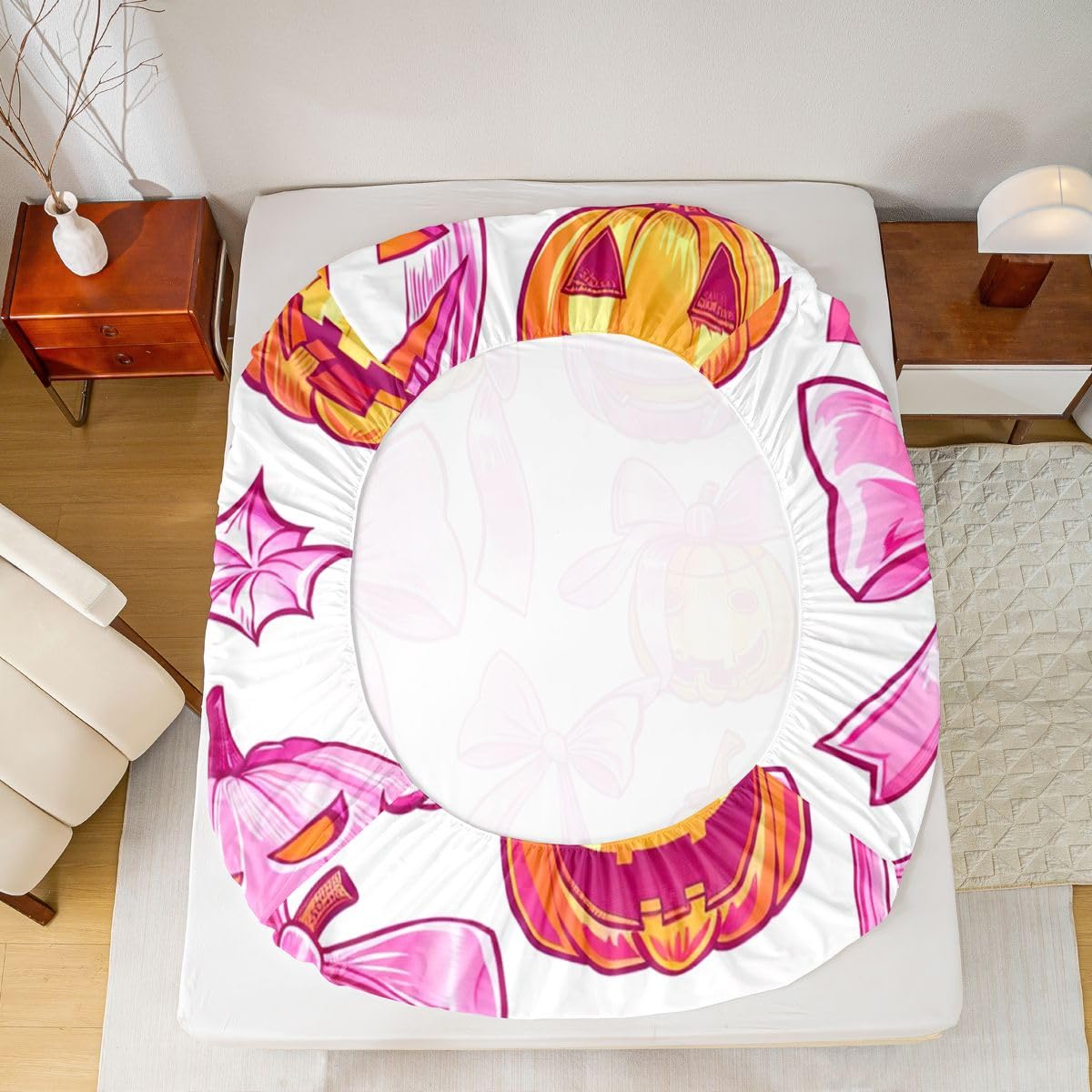Feelyou Fitted Sheet with 1 Pillowcase Twin Size Halloween Themed Bed Sheets Set 16" Deep Pocket Boys Girls Bowknot Bedding Pink Orange Teens Bedroom Decor Breathable Soft Lightweight Microfiber