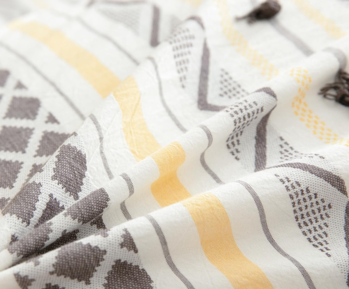 SLEEPBELLA Washed Double Layer Muslin 100% Cotton Comforter Set Queen Size, Yellow Grey Boho Fluffy Thick Checked Bedding Set, Soft Breathable(1 Comforter, 2 Pillow Shams)