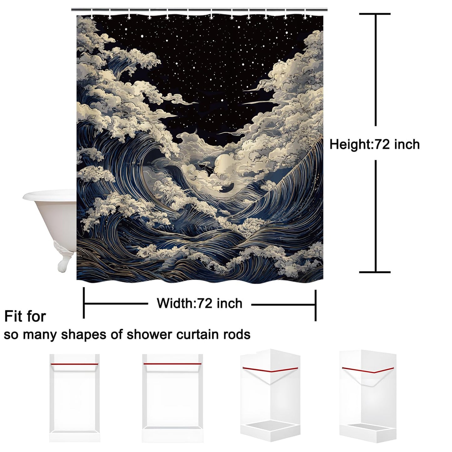 PAOPOED Anime Shower Curtain, Waterproof Fabric Bathroom Curtain with Hooks, 72 x 72 Inch, Japanese Wave Artistic Bathroom Decor