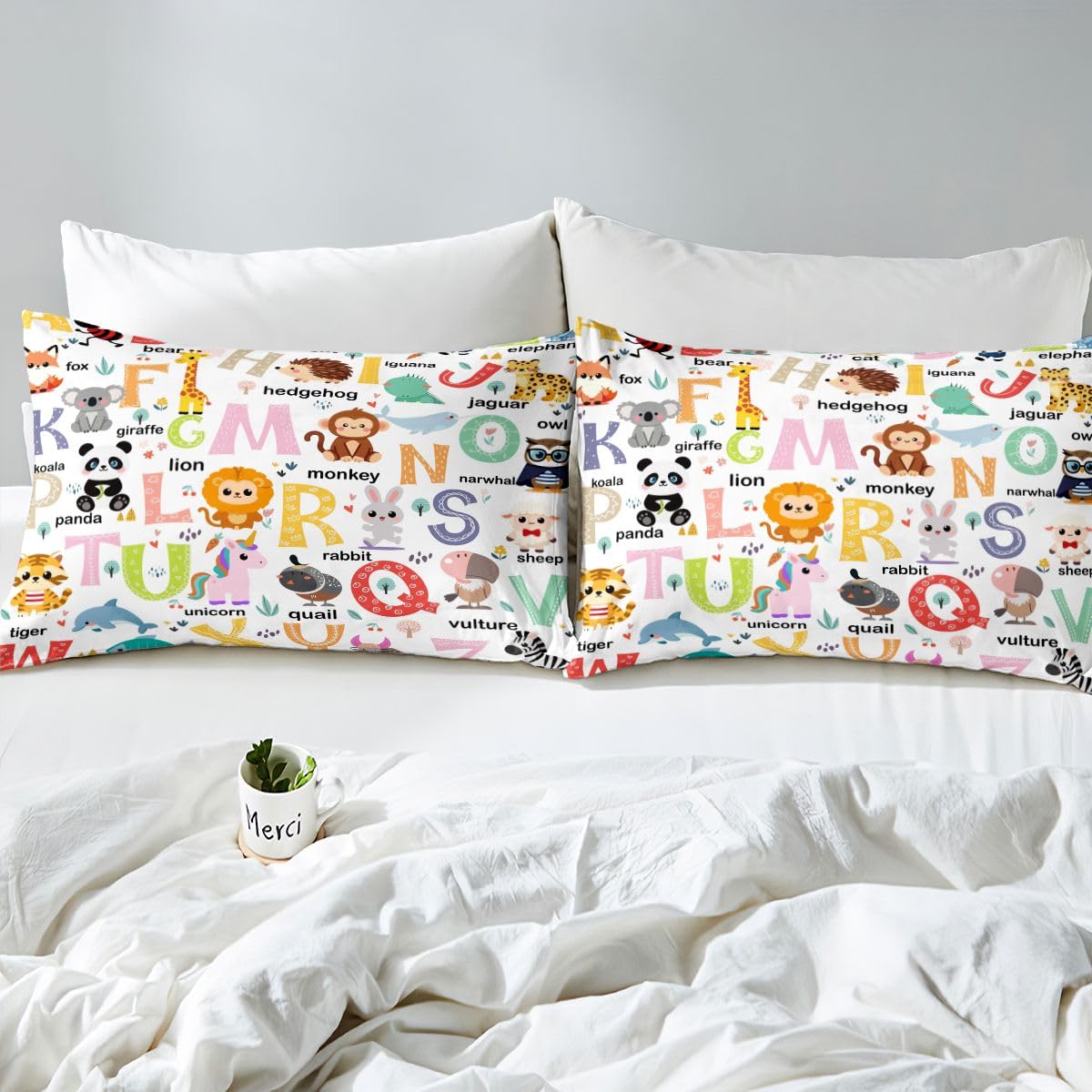 ABC Alphabet Bedding Set Twin Size for Boys Girls, Cartoon Animal Bed Sheet Set Cute Educational Learning Tool Fitted Sheet Learning Educational Bed Cover (1 Pillow Case and a Fitted Sheet)