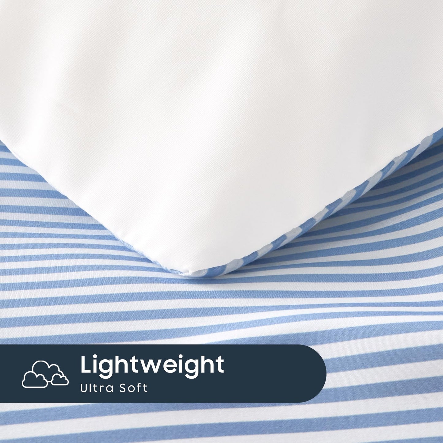 Wake In Cloud - Striped Comforter Set, Ticking Stripe Vertical Pinstripe Neutral Farmhouse Pattern Printed, Soft Lightweight Bedding, 3 Pieces, Blue White, Twin/Twin XL Size