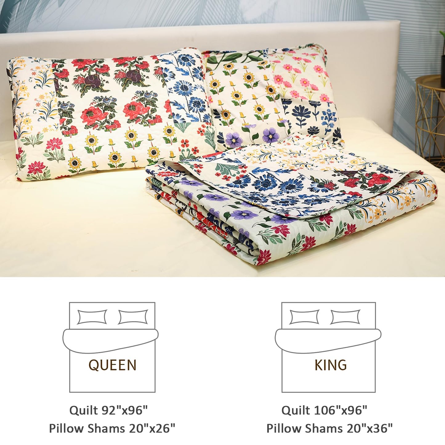 Benlarky Patchwork Quilt Set Queen Size 3 Pieces Set Quilts Block Print Bohemian Bedspread Coverlet Set for All Season Reversible Boho Bed Cover Bedding Set 1 Quilt and 2 Pillow Shams, 96" x 92"