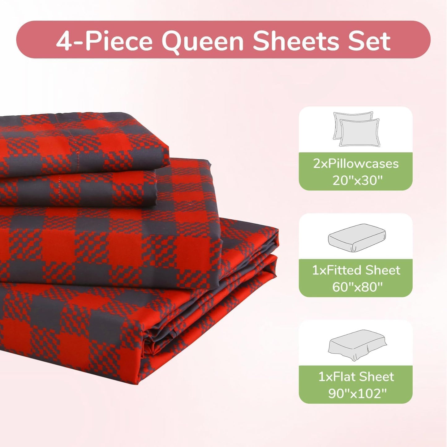 MUXHOMO Queen Size 4 Piece Sheet Set, Soft Breathable Bed Sheet Set for Bedroom with Deep Pocket Up to 16", Wrinkle-Free & Cooling Bedding for Oeko-TEX Certified - Red Plaid