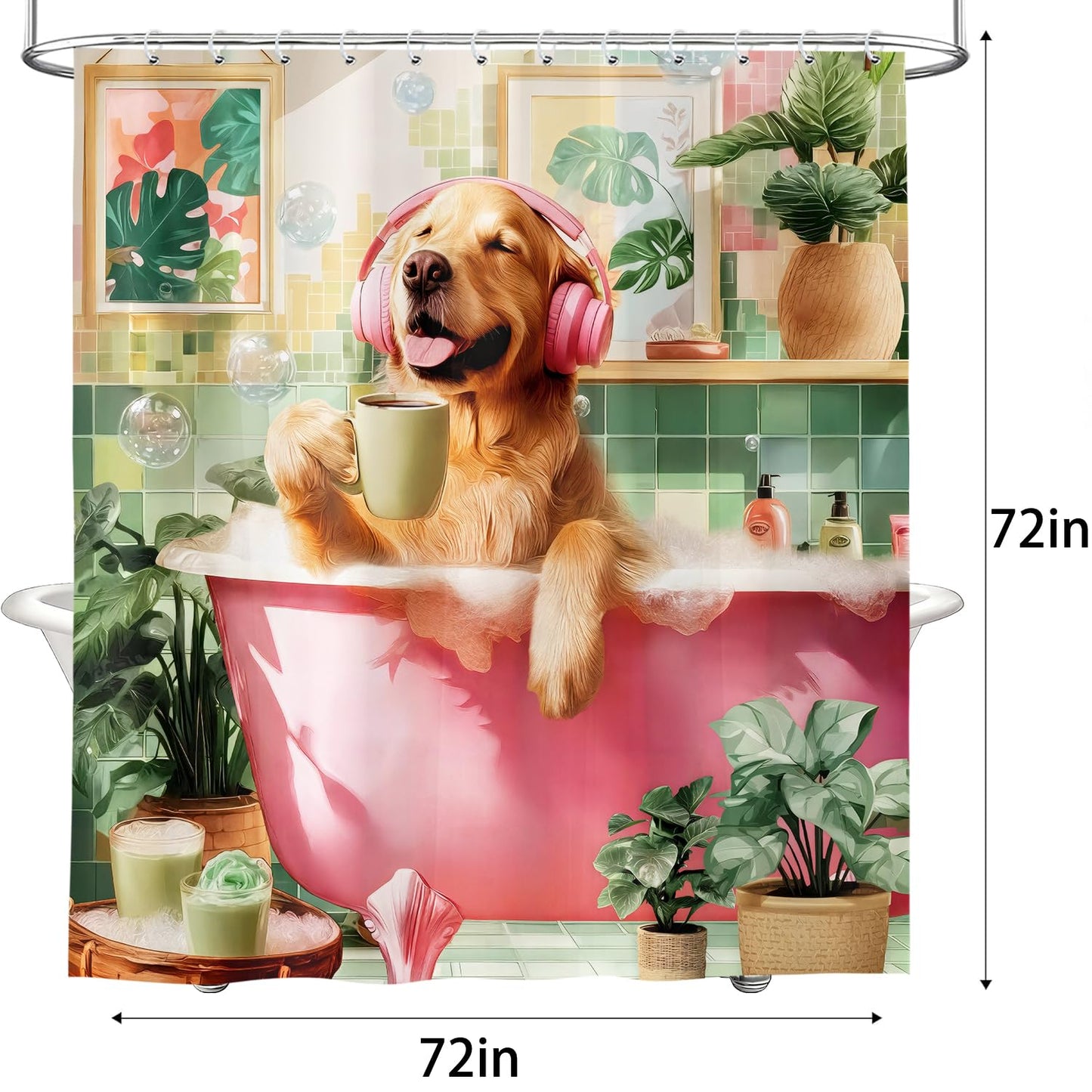 Aeivice Funny Dog Shower Curtain, Kids Cute Fun Pet Shower Curtains Set, Boho Unique Aesthetic Tropical Leaves Animal Polyester Fabric Shower Curtains for Bathroom with Hooks 72X72IN Pink Green