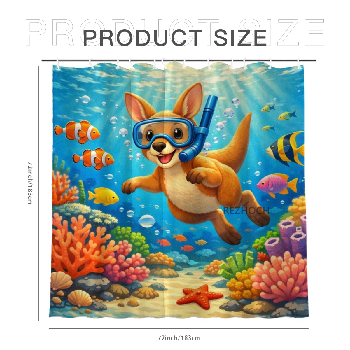 REZHOCH Kids Ocean Shower Curtain 72x72Inch Fun Kangaroo Snorkeling Underwater Tropical Fish Coral Reef Home Bathroom Decor,Boy Girl Cartoon Animal Coastal Bath Set with Hooks