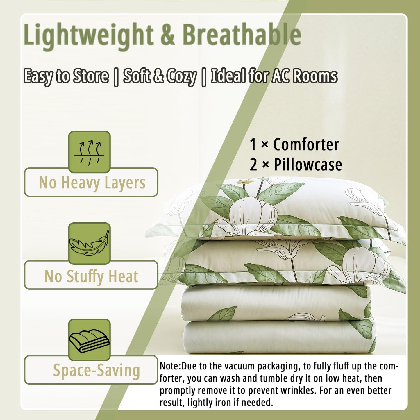 ALEISSEL Pale Moss Green Botanical Cotton Comforter King Size - 3PC Lightweight Bedding Sets with Ultra-Soft Alternative Fill, Floral Design with Leaf & White Magnolias (1 Comforter, 2 Pillowshams)