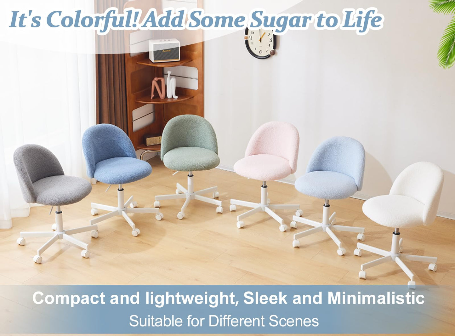 VINGLI Cute Candy Chair Armless Comfy Small Office Desk Vanity Chair with Wheels & Lumbar Support,Teddy Adjustable Rolling Swivel Computer Task Ch for Home Office,Bedroom,Gentle Pink