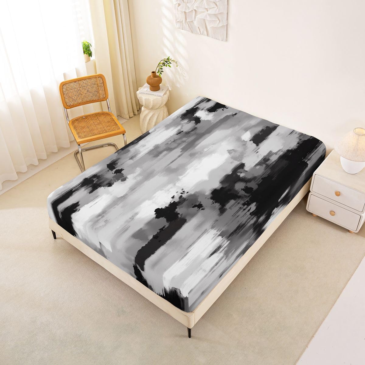 Feelyou Abstract Fitted Sheet Queen Size for Kids Boys Girls Modern Abstract Bed Sheets Set 16" Deep Pocket Soft Breathable Microfiber Blck White Bedding with 2 Pillowcases Room Decor