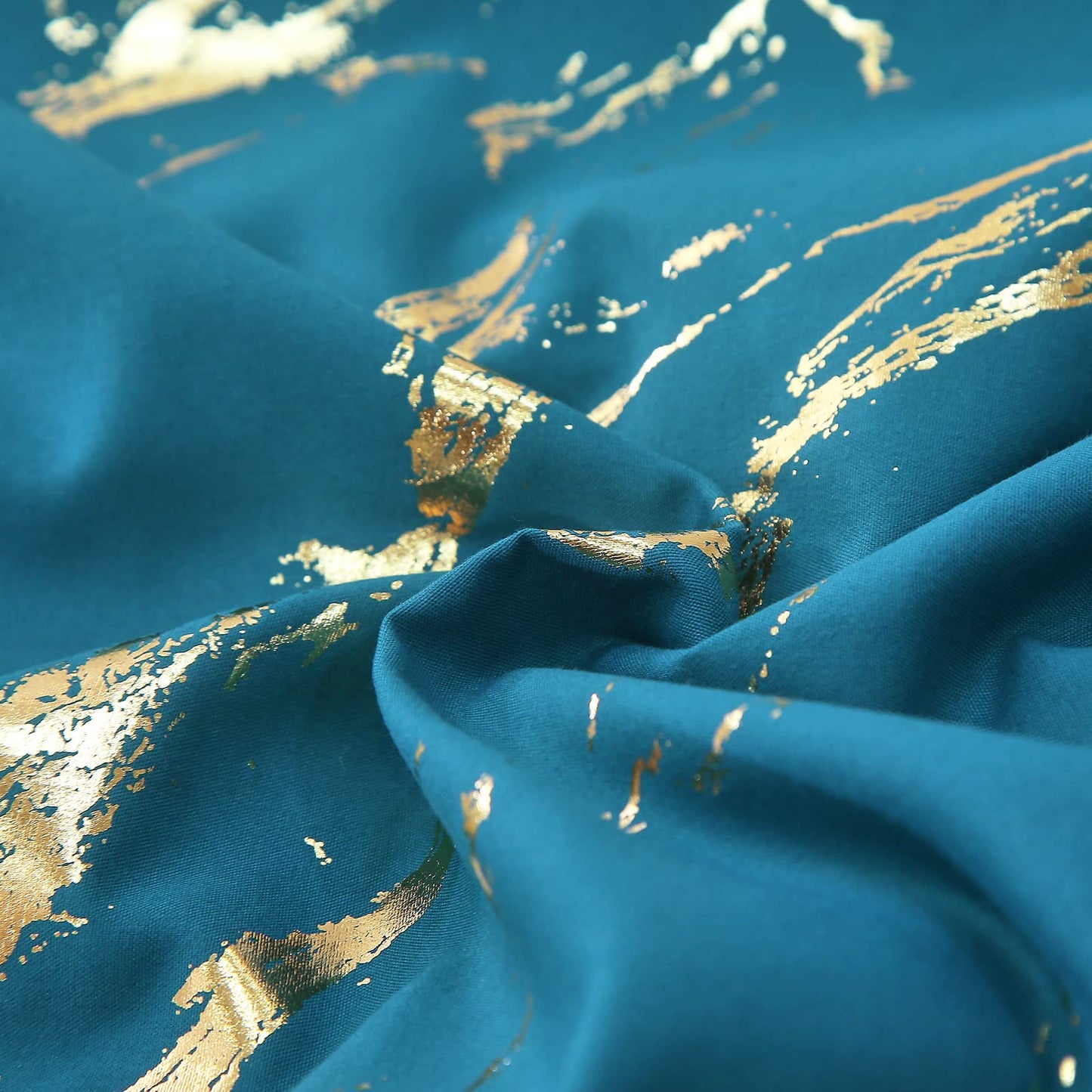 WONGS BEDDING Teal Gold Metallic Marble Comforter Set Queen Foil Print Glitter Bedding Sets with 2 Pillowcases for All Seasons, Soft Microfiber Filling Bedding Duvet Set 90"x90"