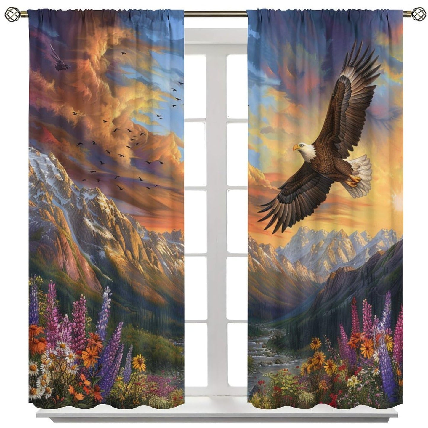TOWINSFB Classic Mountain Garden Blackout Curtains, Nature Eagle Flower Landscape Home Decor Rod Pocket Window Drapes for Living Room Bedroom - 42" W x 63" L