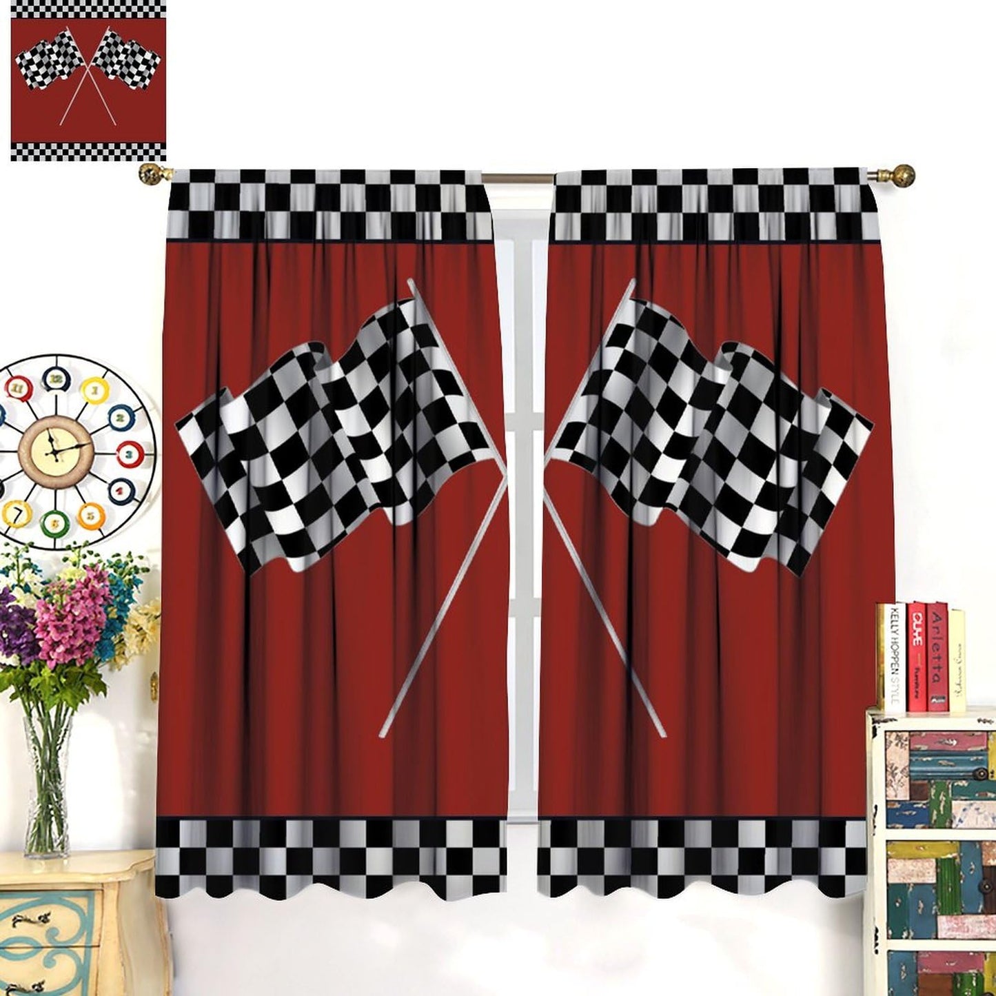 SENRUEGT Race Car Blackout Curtains for Bedroom,Abstract Modern Art Racing Car Black White Checked Flag Window Treatments for Kids Boys Bedroom Curtains 42x45 Inch, Style-3