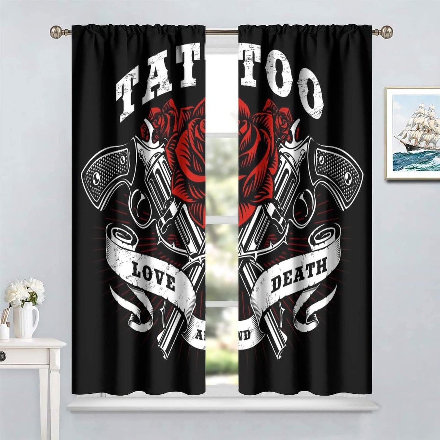 Red Roses Curtains Black Black Out Curtains Children's Room Curtains 42x45in