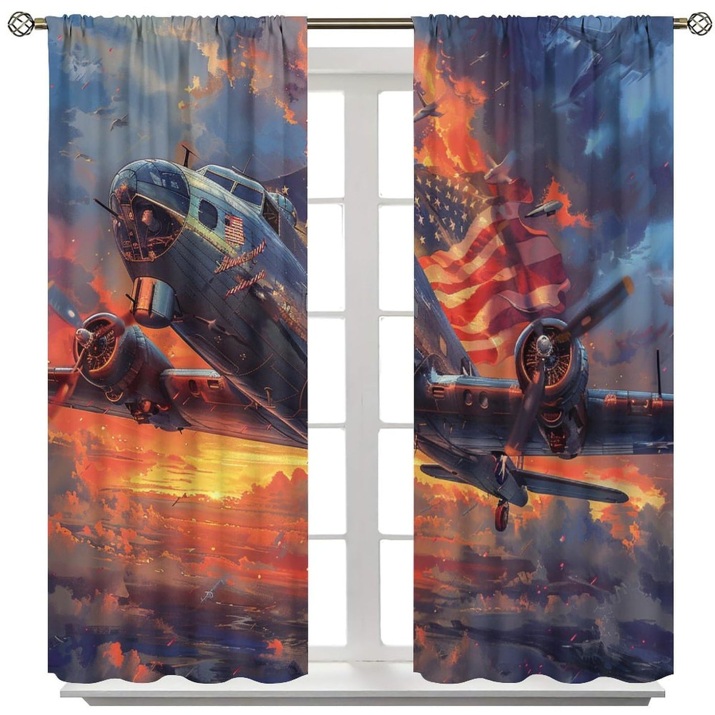 TOWINSFB American Flag Airplane Blackout Curtains, Retro Sunset Aircraft USA Patriotic Home Decor Rod Pocket Window Drapes for Living Room Bedroom - 2 Panels, Each 21" W x 63" L