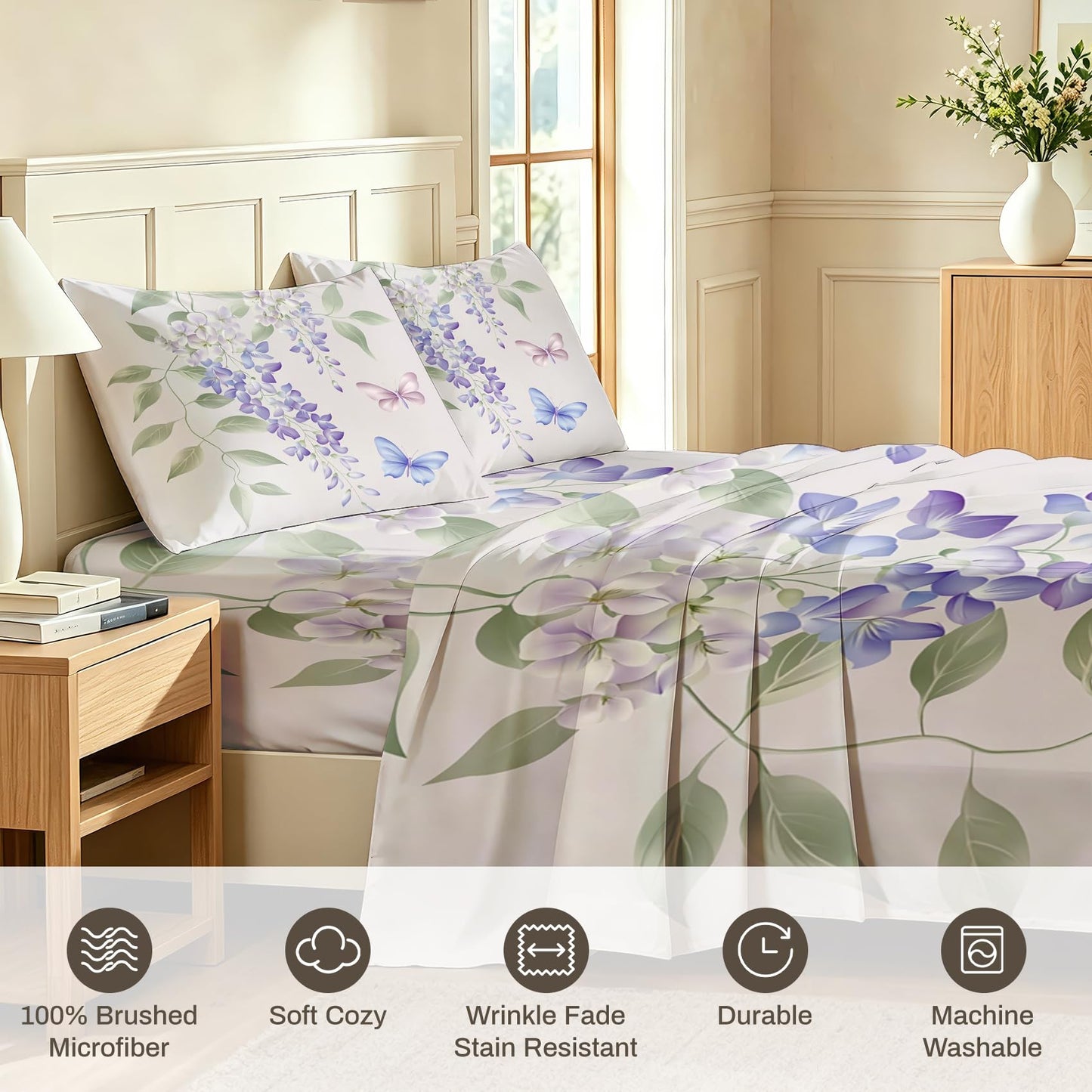 Wisteria Flower Sheet Set, 4 Pcs Queen Size Butterfly Bed Sheets