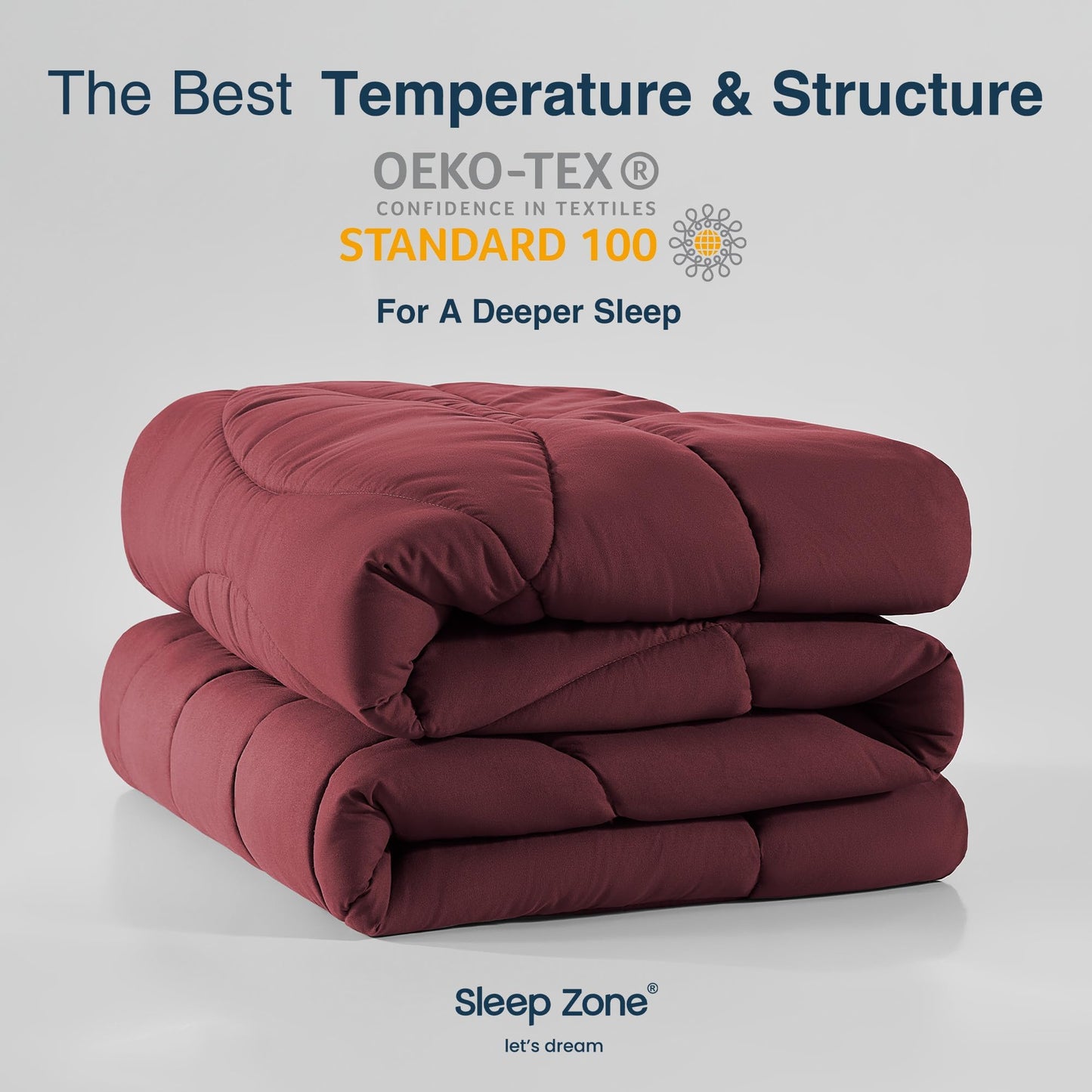 SLEEP ZONE Comforter Duvet Insert, Queen Size Quilted Reversible Comforters, Soft All Season Duvet, Down Alternative Breathable Bedding with 8 tabs, 2 Sides Burgundy Gray 88 x 88 Inches