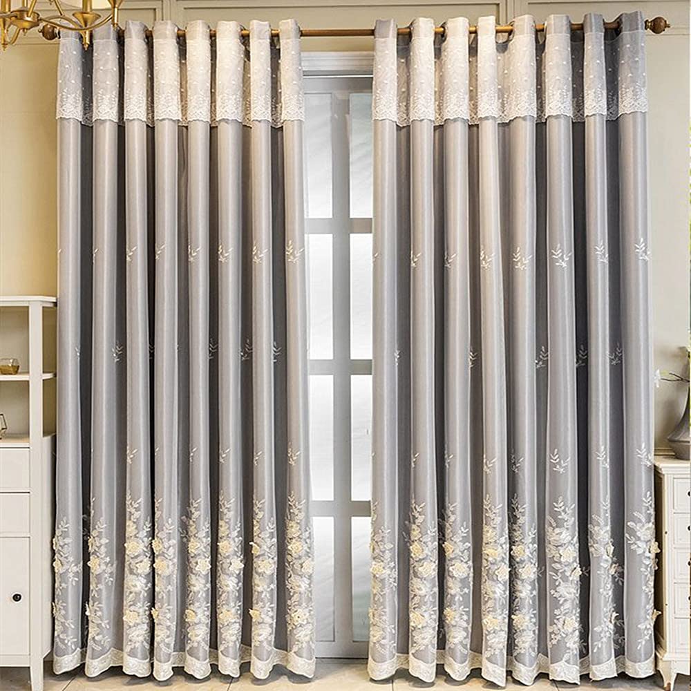 Amidoudou 1 Pair European 3D Flower Luxury Embroidered Curtains Double Layer Curtains with Valance for Living Room Bedroom (Grey,52x96 Inch)