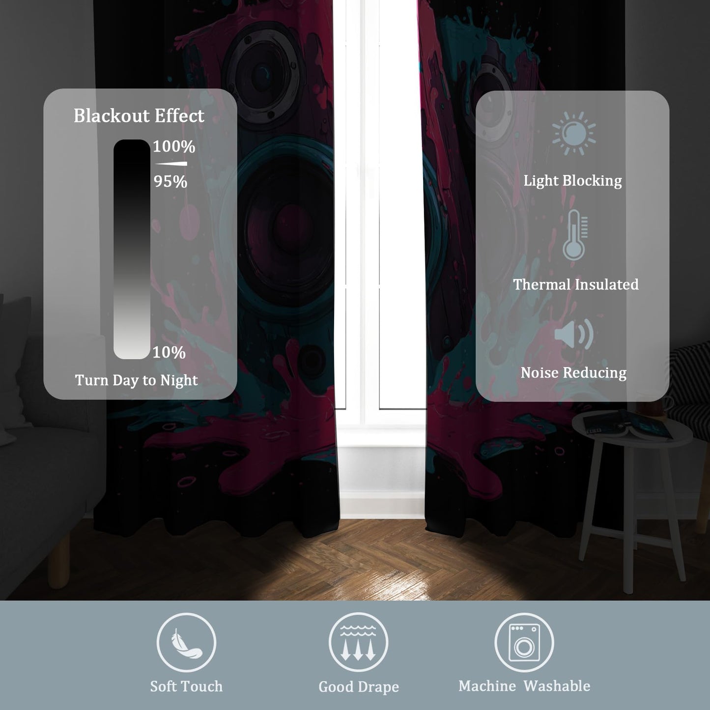TANTANICAL Graffiti Curtains for Living Room 63 Inch, Speaker Abstract Art Pattern Design Blackout Curtains, Graffiti Bedroom Decor Window Drapes with Grommet, 2 Panels Set H65
