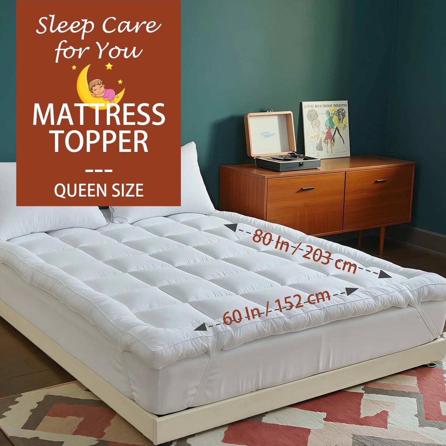 Luxury Hotel Sellected 3 Inch Mattress Topper, Goose-Down-Like Fiber Mattress Topper for Any Season Any Room, Ultra Fluffy and Long-Lasting, Durable, 4 Elastic Bands, Queen