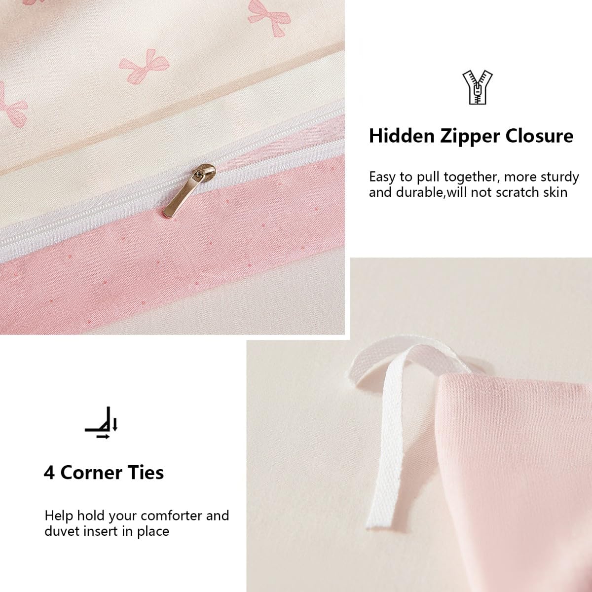 Jolusere Bow Duvet Cover Queen Size 100% Cotton Duvet Cover Set Girls Kids Reversible Pink Beige Comforter Cover 3 Pieces Soft & Breathable Pink Bowknot Bedding Set with 2 Pillowcases, Zipper Closure