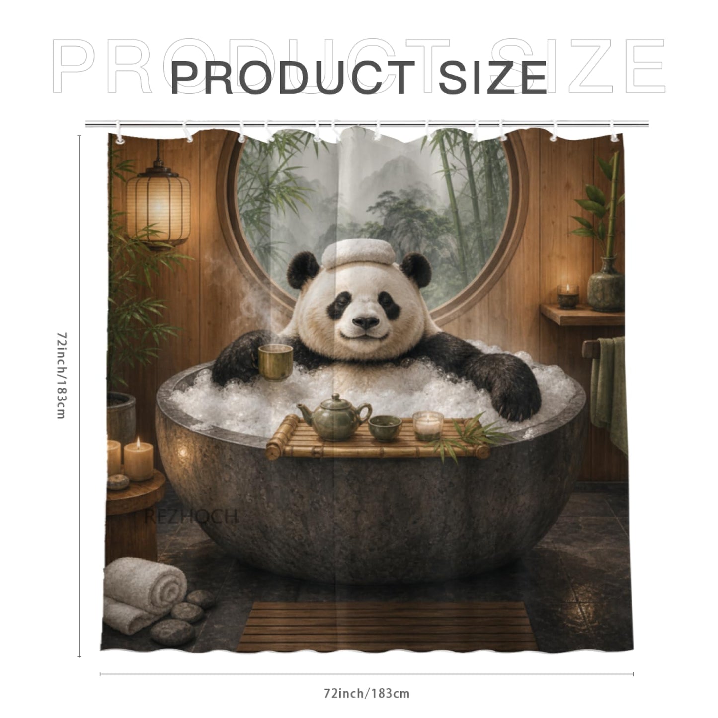 REZHOCH Funny Panda Shower Curtain 72x72 Inch Bamboo Spa Bubble Bath Teapot Candle Zen Bathroom Cute Animal Decor Bath Set with Hooks