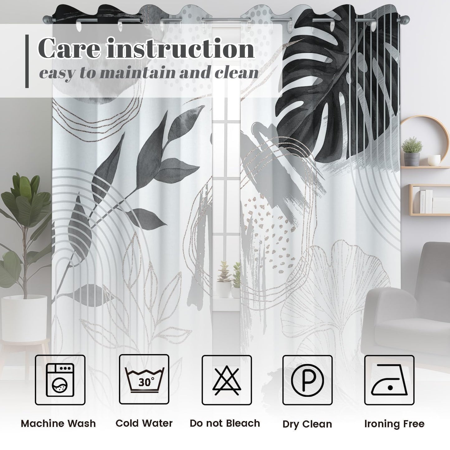 soeeao Boho Grey and White Leaf Blackout Curtains, Bohemian Mid Century Modern Black and Charcoal Gray Palm Window Drapes for Bedroom Living Room, 84 inch Length 2 Panels Set, 52x84 inch
