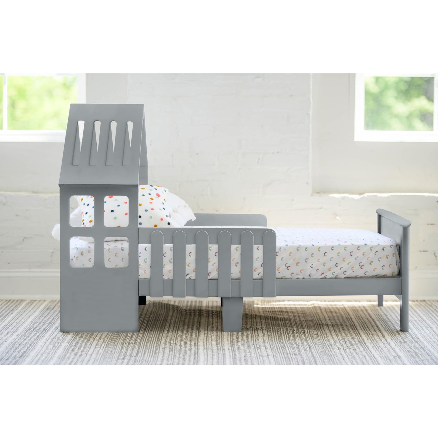 Little Partners Lil' House Toddler Bed, Solid Wood Home-Shaped Child's Bed Frame with Rails & Two Safety Guards, Fits Crib Size Mattress, Easy Access Low-to-Ground Modern Design (Silver Drop)