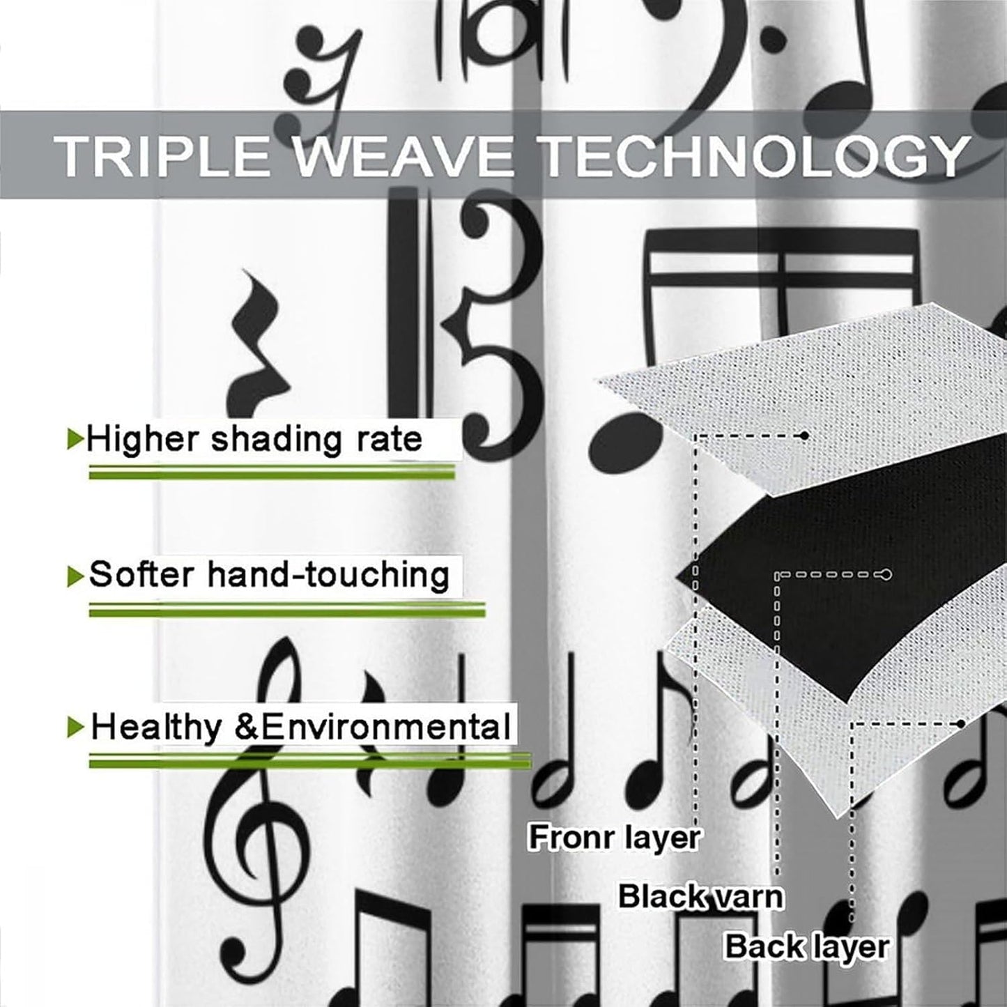 HZOHNAGO Music Curtain Black and White Musical Notes Blackout Print Rod Pocket Window Drapes for Bedroom Living Room 42x45in